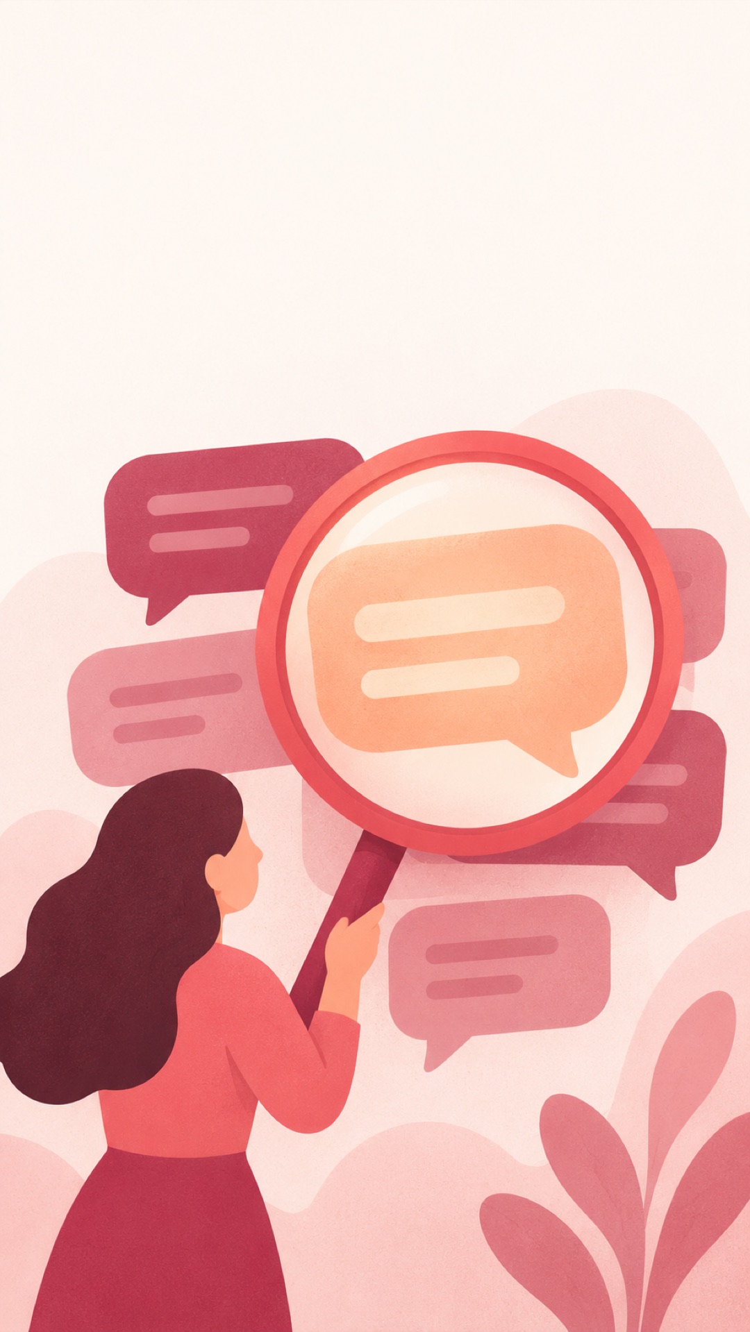Illustration of a magnifying glass over speech bubbles