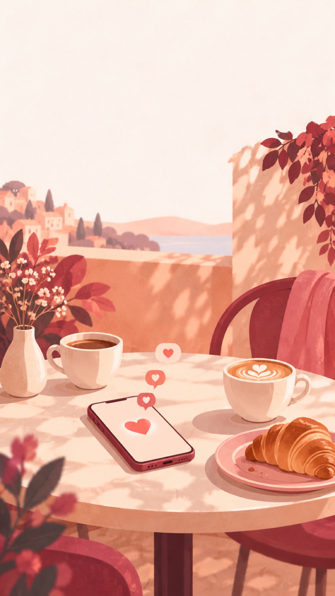 A café table with two coffees and a phone showing a heart