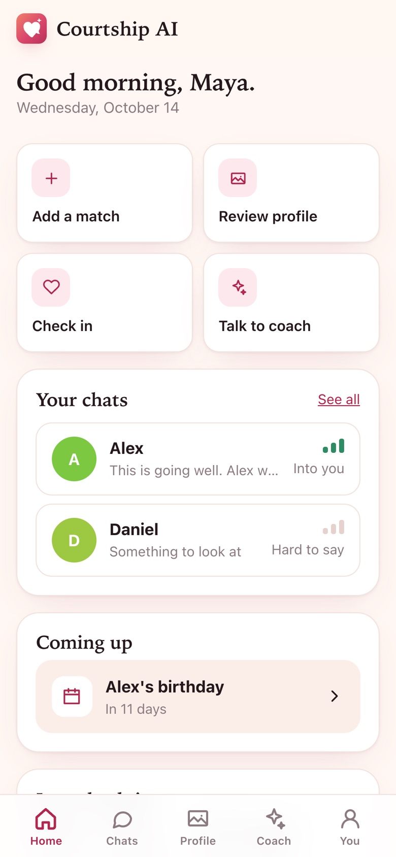 The Courtship AI home screen: add a match, review profile, check in, talk to coach