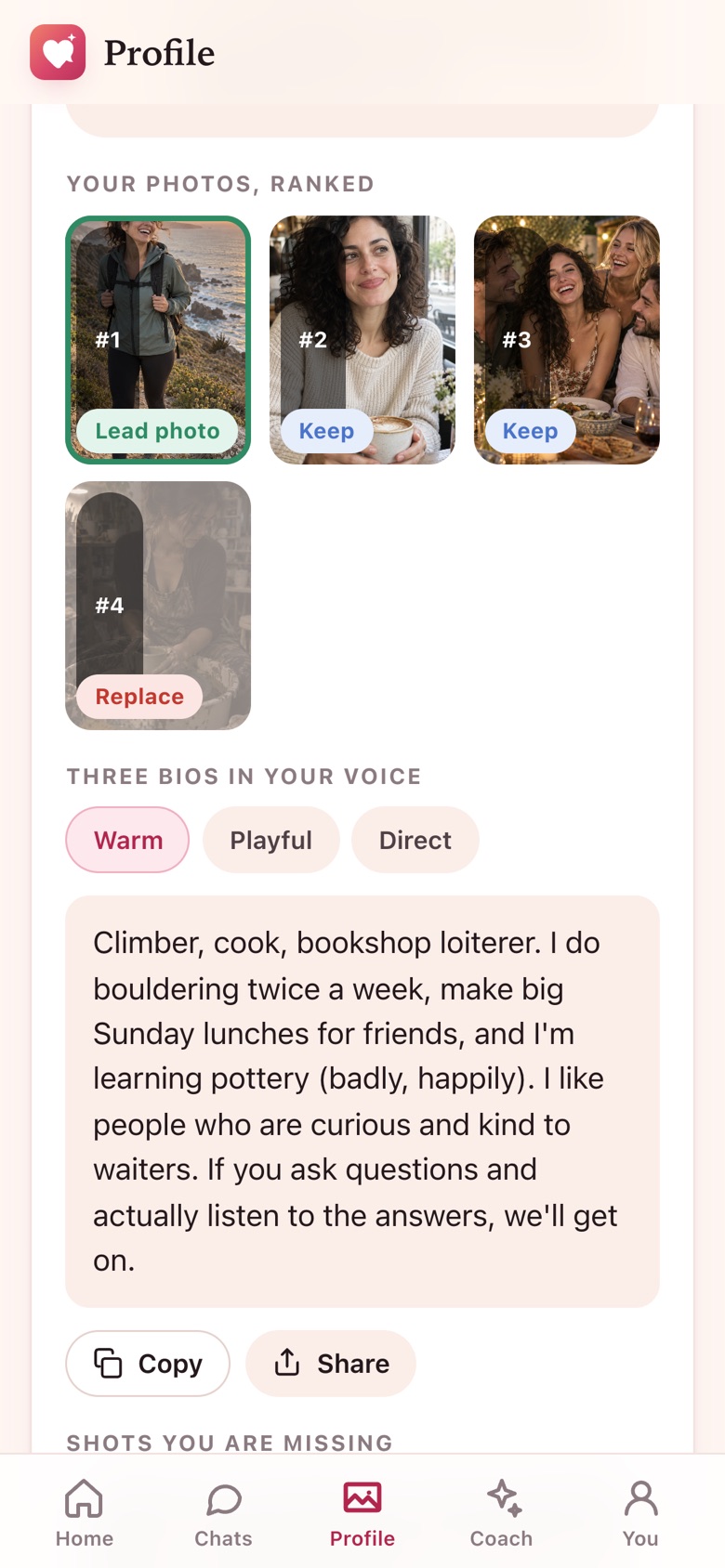 The Profile review screen in the app