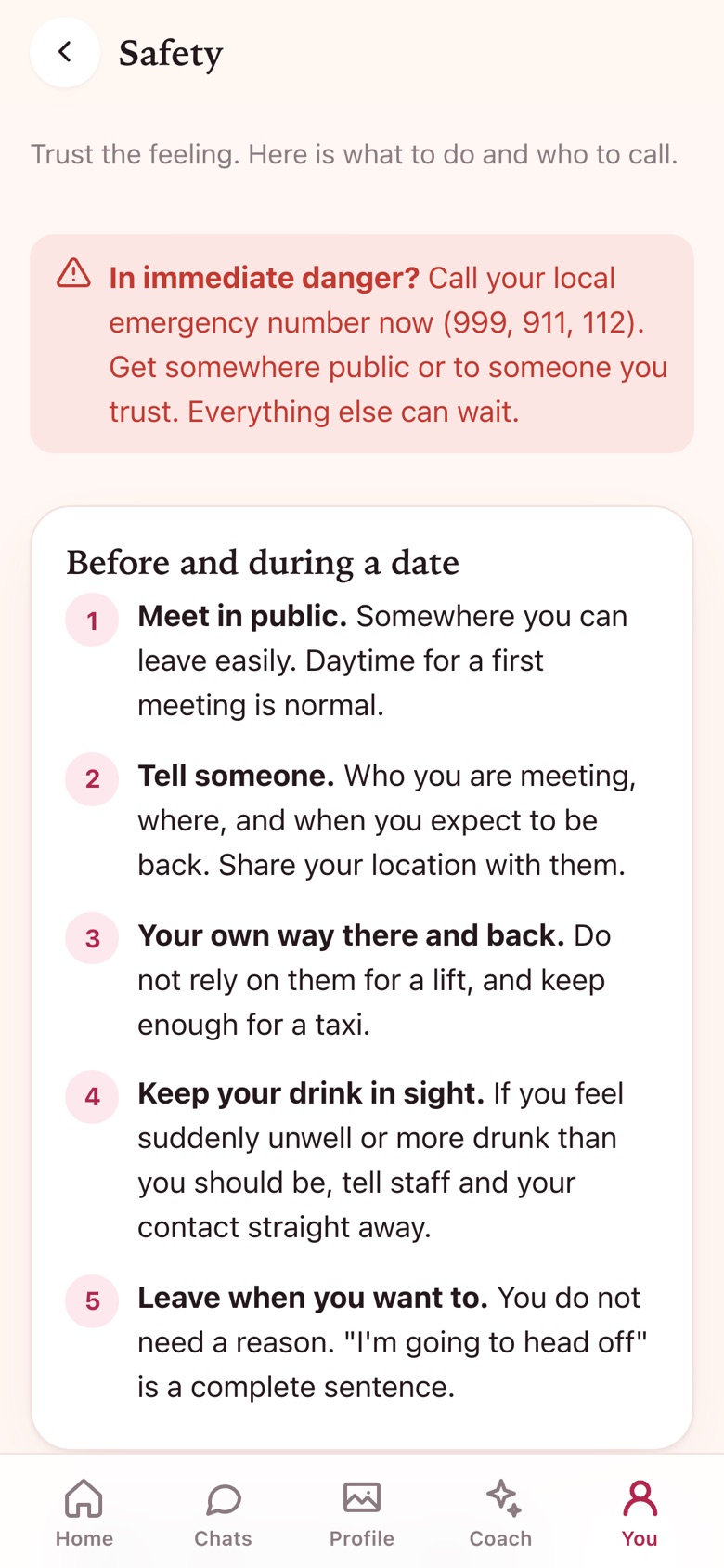 The safety screen in the app